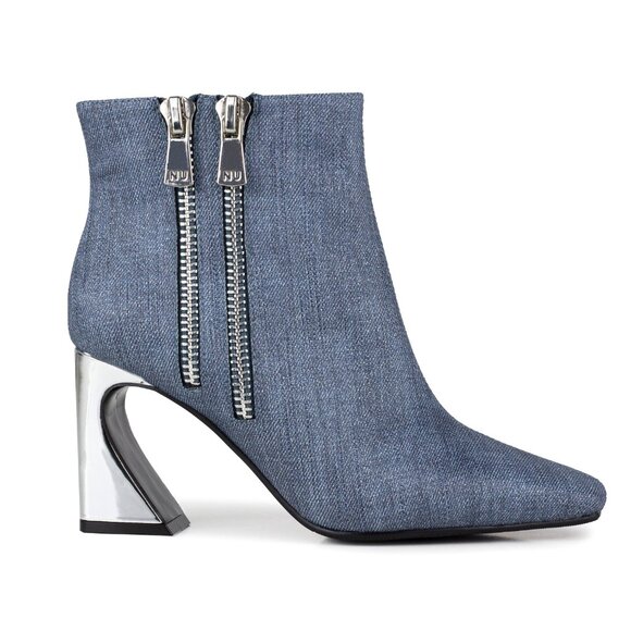 Stylish Modern Womens Blue Denim Metal High Heel Double Zipper Ankle Boots - Picture 3 of 9